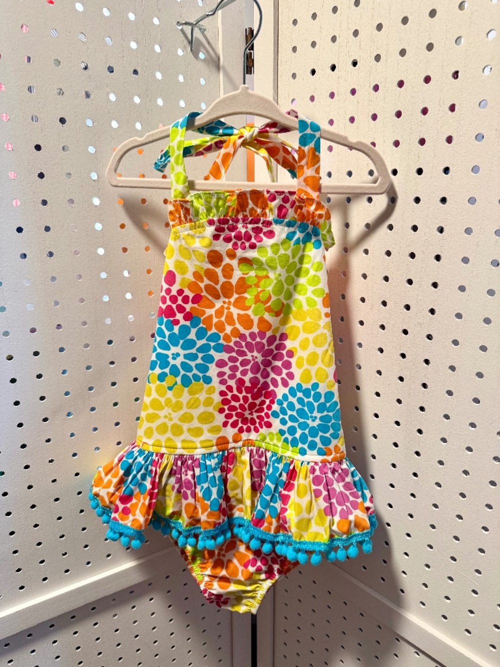 Kelly's Kids Girls Bright Floral Halter Swimsuit PomPom Ruffle Trim Size 5/6